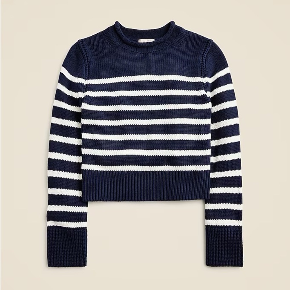 J. Crew Navy and White Stripe Heritage Cotton Rollneck Sweater